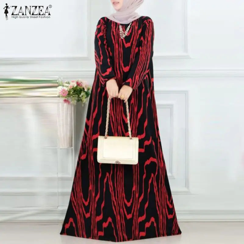 Women Vintage Long Sleeve Muslim Dress Abaya ZANZEA Bohemain Printed Sundress Fashion Robe Femme Elegant Loose Vestidos Kaftan