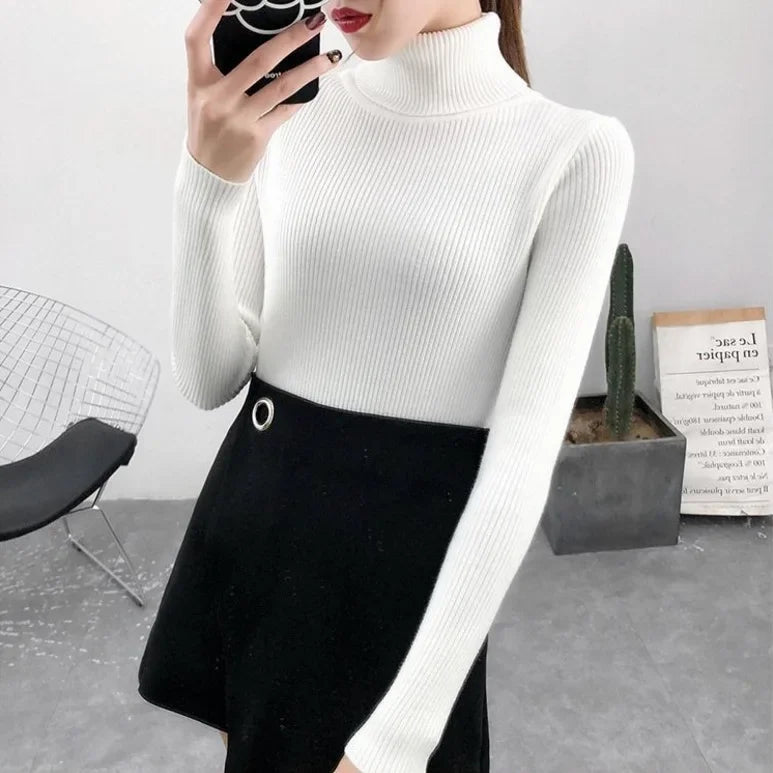Elegant Turtleneck Women's Sweater Autumn Winter Pullover Slim Bottoming Knitted Tops Casual Long Sleeve Jumper Pull Femme
