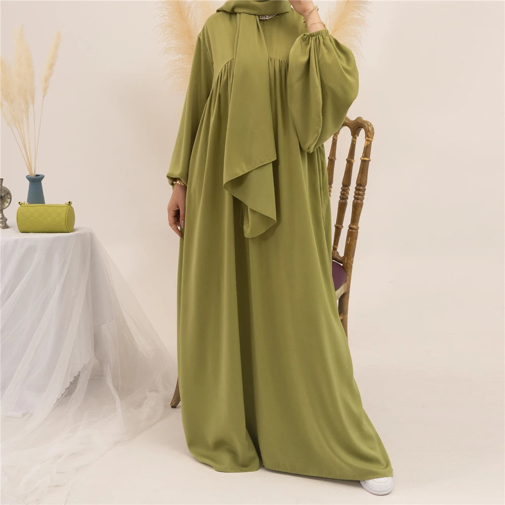 Plain Abaya Muslim Long Dress Women Eid Balloon Sleeve Islamic Robe with Scarf African Dresses Dubai Turkish Modesty Kaftan