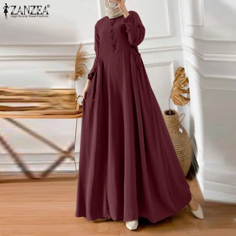 ZANZEA Elegant Long Sleeve Maxi Sundress Kaftan Fashion Muslim Turkey Dress Robe Femme Eid Mubarek Abaya Dubai Long Vestidos