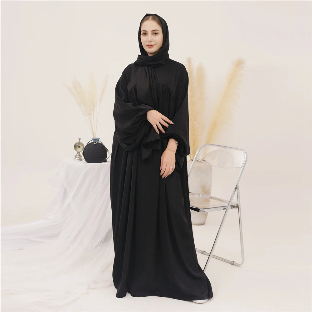 Plain Abaya Muslim Long Dress Women Eid Balloon Sleeve Islamic Robe with Scarf African Dresses Dubai Turkish Modesty Kaftan