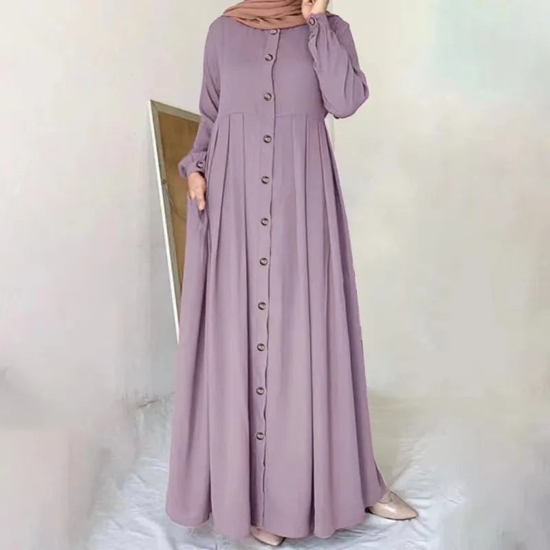 Women Muslim Dubai Abaya Turkey Hijab Dress Turkey Autumn Long Sleeve Buttons Down Sundress Islam Clothing Abayas Maxi Vestidos