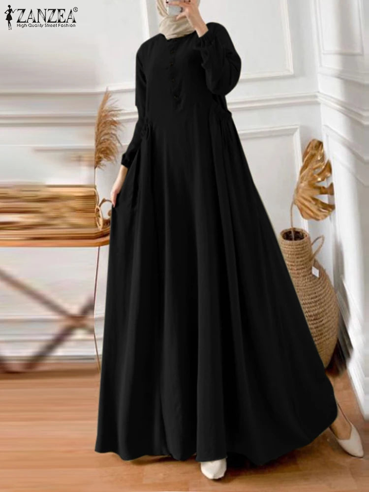 ZANZEA Elegant Long Sleeve Maxi Sundress Kaftan Fashion Muslim Turkey Dress Robe Femme Eid Mubarek Abaya Dubai Long Vestidos