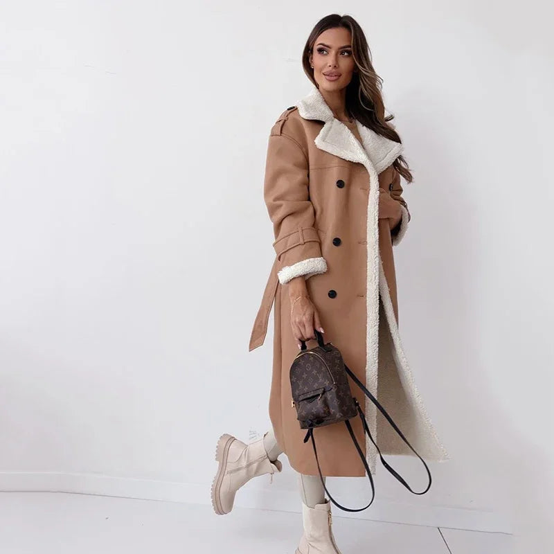 Winter New PU Coats Women Long Sleeve Solid Pocket Button Fashion Elegant Loose Straight Casual Commute Simple Female Coats