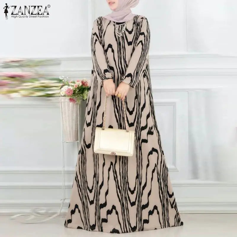 Women Vintage Long Sleeve Muslim Dress Abaya ZANZEA Bohemain Printed Sundress Fashion Robe Femme Elegant Loose Vestidos Kaftan