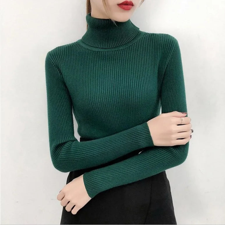 Elegant Turtleneck Women's Sweater Autumn Winter Pullover Slim Bottoming Knitted Tops Casual Long Sleeve Jumper Pull Femme