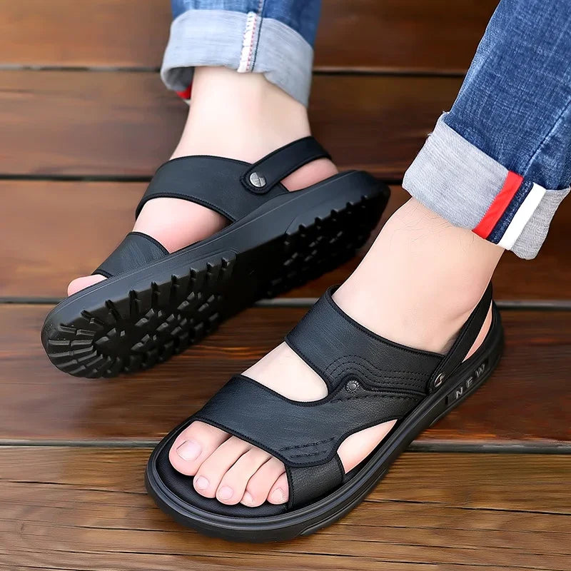 Men's Sandals Lightweight Non Slip Genuine Leather High Quality Casual Fashion Shoes Classic Black Beach Slippers for Men