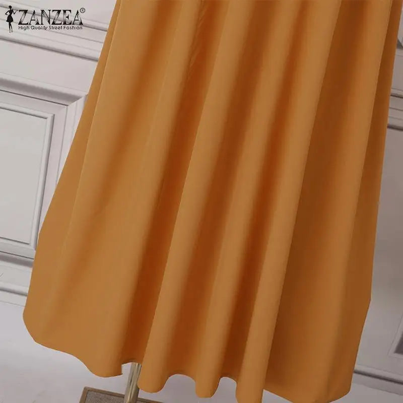 ZANZEA Elegant Long Sleeve Maxi Sundress Kaftan Fashion Muslim Turkey Dress Robe Femme Eid Mubarek Abaya Dubai Long Vestidos