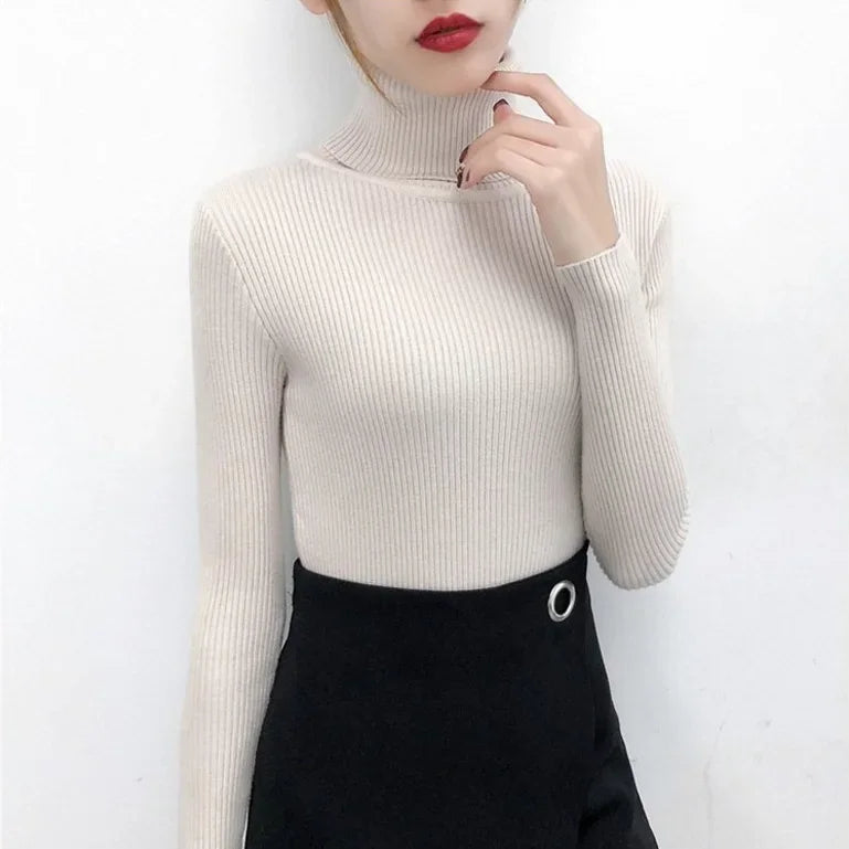 Elegant Turtleneck Women's Sweater Autumn Winter Pullover Slim Bottoming Knitted Tops Casual Long Sleeve Jumper Pull Femme