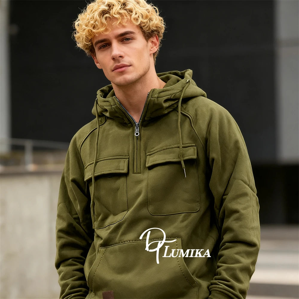 Men's Outdoor Fleece Hoodie, Half-Zip Pullover with Multiple Pockets, Casual Warm Sweatshirt for Hiking & Daily Wear
